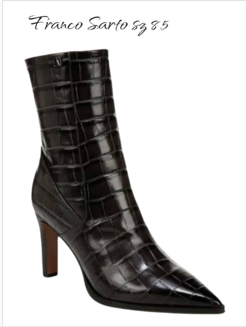 Franco Sarto Appia Black Croc Leather Pointed Toe Booties 8.5